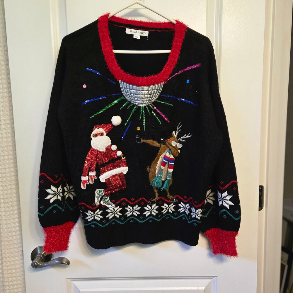 99 Jane Street Woman's Ugly Christmas Sweater Medium scoopneck pullover Black